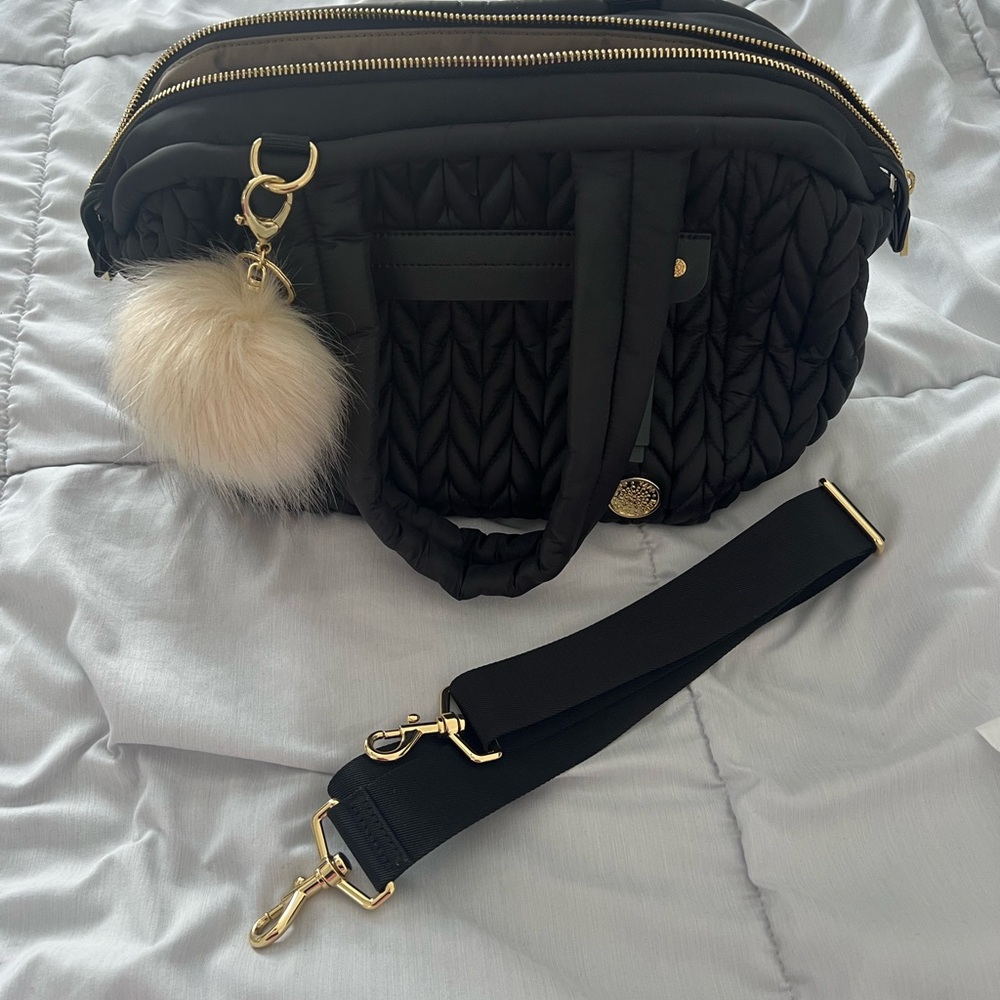 Elegant Black Quilted Baby Bag with Pom-Pom